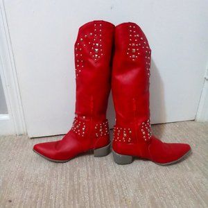 Women's Red High Top Studded Western Boots